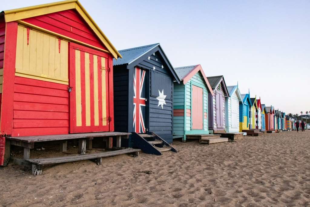 Colourful bathing boxes on Brighton beach on the Melbourne bayside