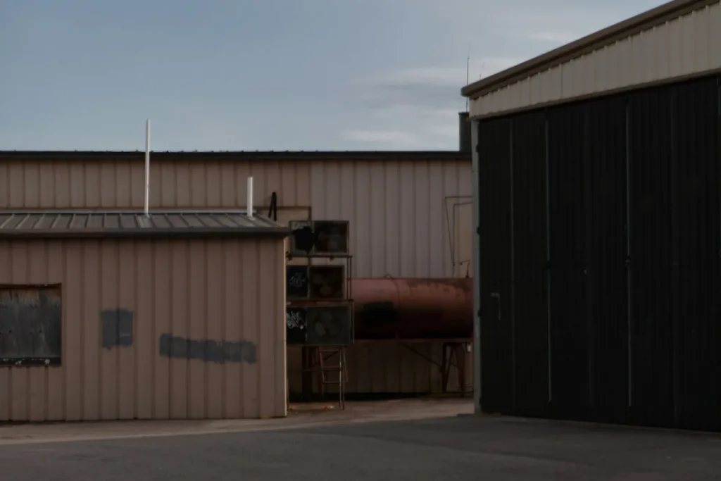 Steel-clad commercial building in daylight